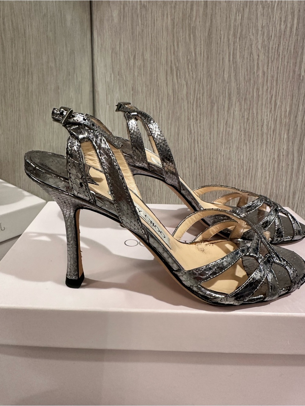 Jimmy Choo Silver Snakeskin Strappy Heels - Picture 3 of 6